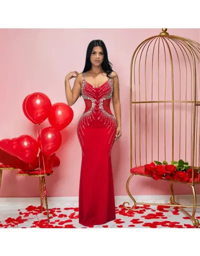 Replica Hotfix Rhinestones V Neck Sleeveless Maxi Dress #802714 $59.85 USD for Wholesale