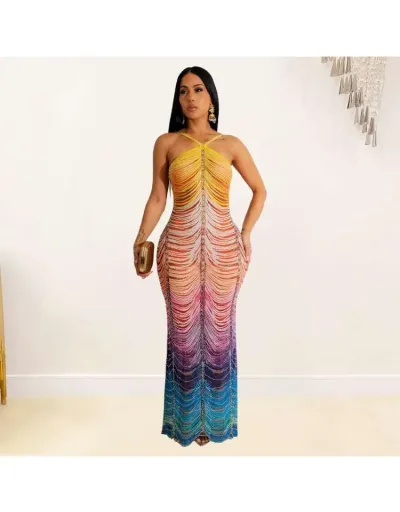 Gradient Rhinestones Halter Maxi Dress #802715 $59.96 USD, Wholesale Fashion 