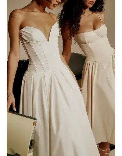 Replica Solid Color Fishbone Strapless Maxi Dresses #802719 $105.27 USD for Wholesale