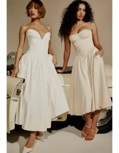 Replica Solid Color Fishbone Strapless Maxi Dresses #802719 $105.27 USD for Wholesale