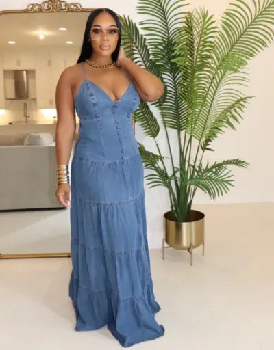 Replica Denim Ruffle Backless Split Hem Maxi Dress #802728 $80.03 USD for Wholesale