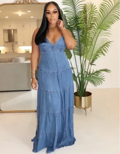 Replica Denim Ruffle Backless Split Hem Maxi Dress #802728 $80.03 USD for Wholesale