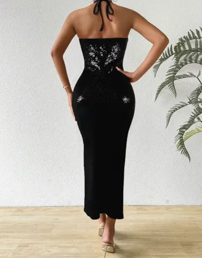 Replica Sequin Bandage Halter Backless Split Hem Dress #802734 $60.87 USD for Wholesale