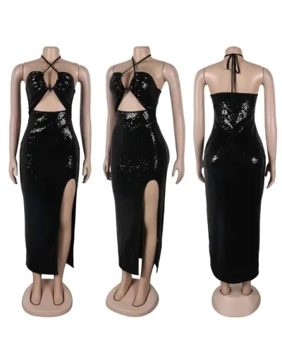 Replica Sequin Bandage Halter Backless Split Hem Dress #802734 $60.87 USD for Wholesale