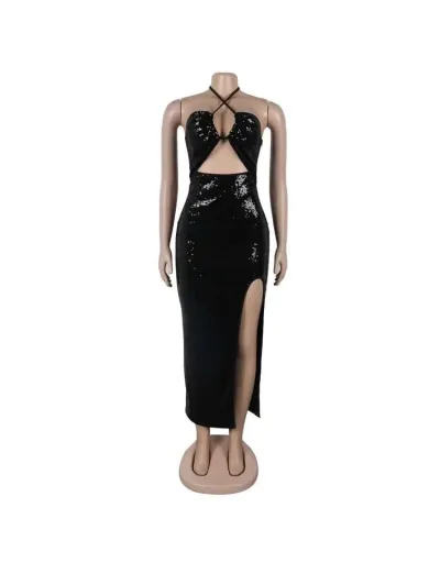 Replica Sequin Bandage Halter Backless Split Hem Dress #802734 $60.87 USD for Wholesale