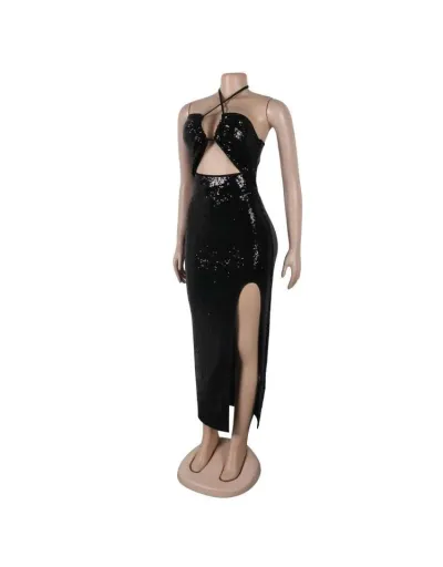 Replica Sequin Bandage Halter Backless Split Hem Dress #802734 $60.87 USD for Wholesale