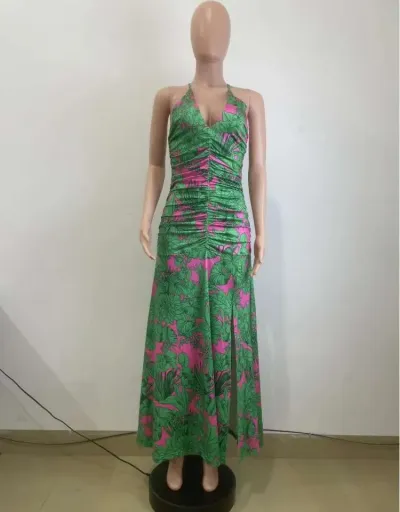 Replica Ruched Floral V Neck Backless Maxi Dress #802736 $41.39 USD for Wholesale