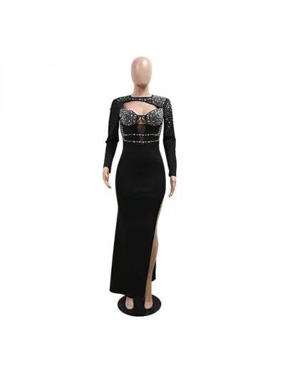 Replica Hotfix Rhinestones Hollow-out Split Hem Long Sleeves Maxi Dresses #802747 $55.28 USD for Wholesale