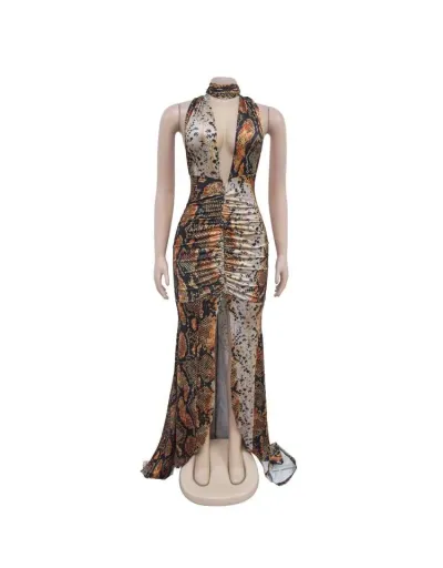 Replica Snake Deep V Neck Backless Split Hem Dress #802749 $57.23 USD for Wholesale