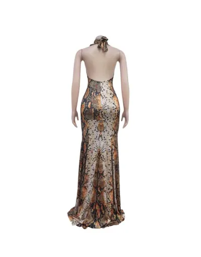 Replica Snake Deep V Neck Backless Split Hem Dress #802749 $57.23 USD for Wholesale