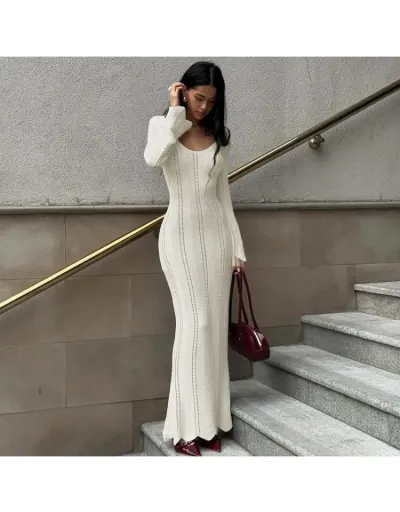 Solid Color U Neck Long Sleeve Maxi Dress #802756 $53.20 USD, Wholesale Fashion 