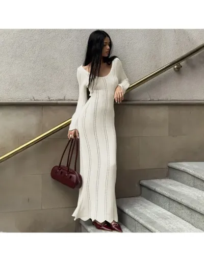 Replica Solid Color U Neck Long Sleeve Maxi Dress #802756 $53.20 USD for Wholesale