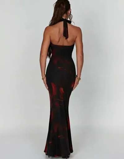 Replica Printed Cowl Neck Halter Backless Mermaid Dress #802757 $33.75 USD for Wholesale