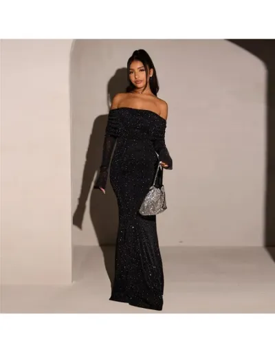 Replica Sequin Boat Neck Long Sleeve Evening Maxi Dress #802776 $59.67 USD for Wholesale