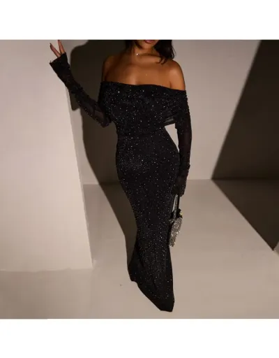 Replica Sequin Boat Neck Long Sleeve Evening Maxi Dress #802776 $59.67 USD for Wholesale