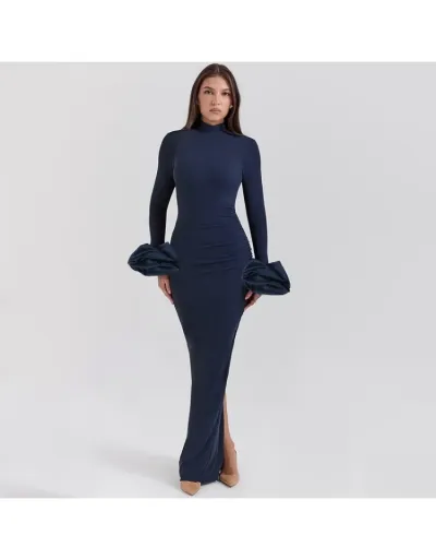 Replica Solid Puff Sleeve Split Bodycon Maxi Dress #802782 $40.50 USD for Wholesale