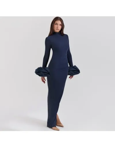 Replica Solid Puff Sleeve Split Bodycon Maxi Dress #802782 $40.50 USD for Wholesale