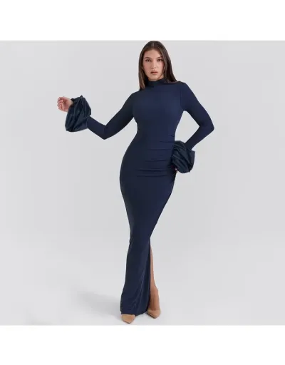 Replica Solid Puff Sleeve Split Bodycon Maxi Dress #802782 $40.50 USD for Wholesale