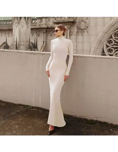 Replica Solid Color Highneck Long Sleeve Mermaid Maxi Dress #802784 $32.29 USD for Wholesale