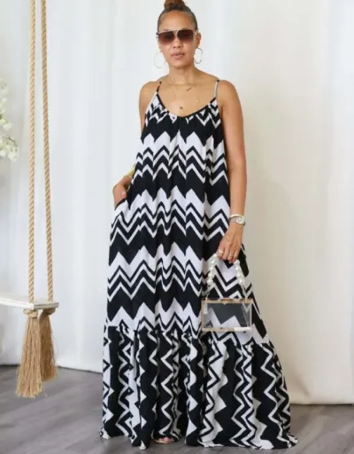 Replica Striped V Neck Backless Lace-Up Maxi Dress #802789 $42.59 USD for Wholesale