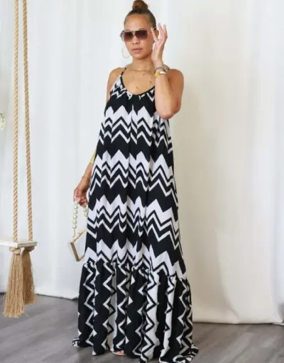 Replica Striped V Neck Backless Lace-Up Maxi Dress #802789 $42.59 USD for Wholesale