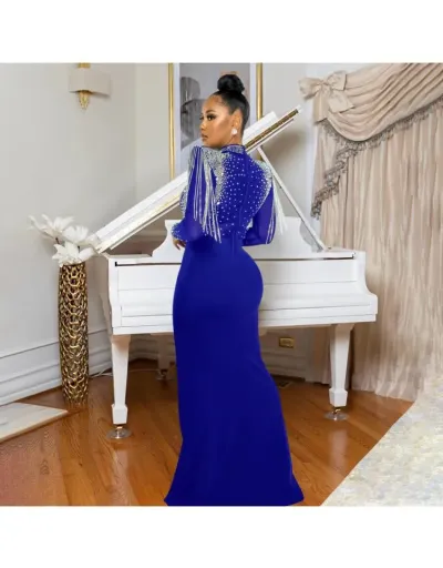 Replica Fringe Hotfix Rhinestones Sheer Long Sleeve Maxi Dress #802791 $68.46 USD for Wholesale