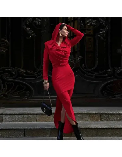 Ruched Wing Neck Hooded Side Slit Maxi Dress #802793 $41.68 USD, Wholesale Fashion 