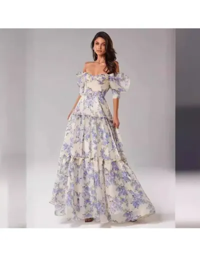 Floral Off Shoulder Organza Maxi Dresses #802795 $80.60 USD, Wholesale Fashion 