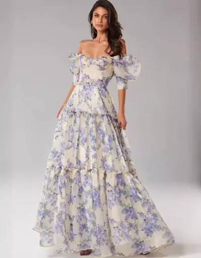 Replica Floral Off Shoulder Organza Maxi Dresses #802795 $80.60 USD for Wholesale