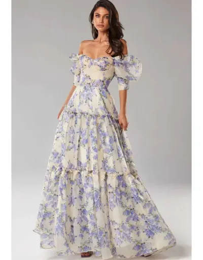 Replica Floral Off Shoulder Organza Maxi Dresses #802795 $80.60 USD for Wholesale