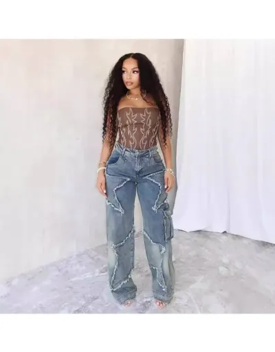 Patchwork Star Raged Hem Fringe Jeans  #802798 $62.53 USD, Wholesale Fashion Jeans