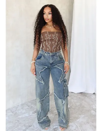 Replica Patchwork Star Raged Hem Fringe Jeans  #802798 $62.53 USD for Wholesale