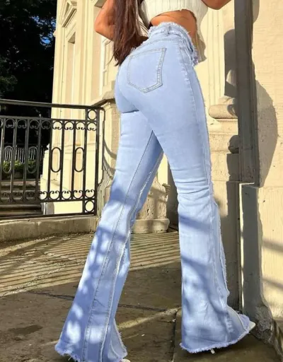 Replica Fuzzy Trim Denim Flared Jeans #802801 $75.82 USD for Wholesale