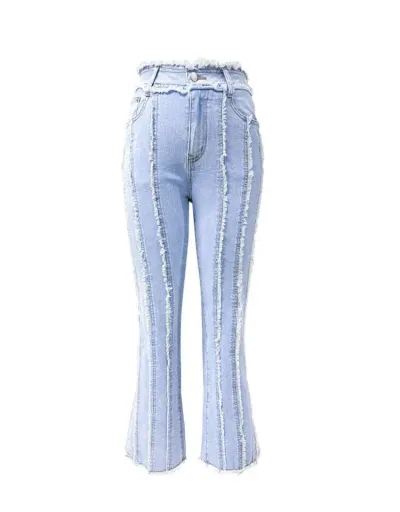 Replica Fuzzy Trim Denim Flared Jeans #802801 $75.82 USD for Wholesale