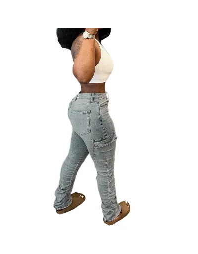 Replica Ruched Cargo Pocket Denim Jeans #802806 $45.33 USD for Wholesale