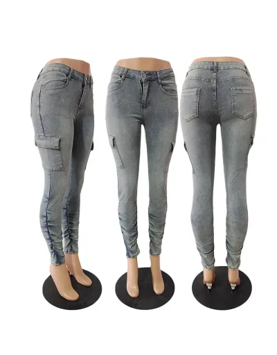 Replica Ruched Cargo Pocket Denim Jeans #802806 $45.33 USD for Wholesale