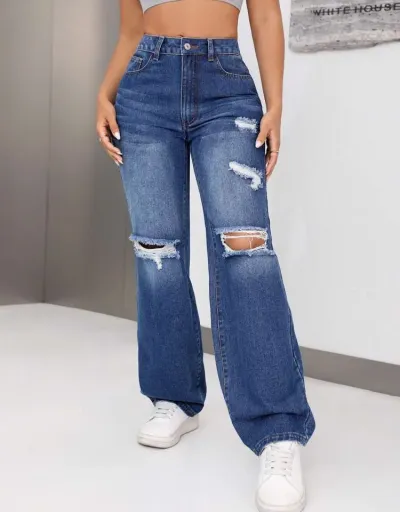 Trendy Ripped Cotton Wide Leg Jeans Women #802811 $44.79 USD, Wholesale Fashion Jeans