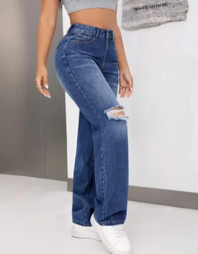 Replica Trendy Ripped Cotton Wide Leg Jeans Women #802811 $44.79 USD for Wholesale