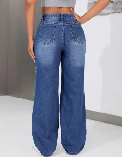 Replica Trendy Ripped Cotton Wide Leg Jeans Women #802811 $44.79 USD for Wholesale