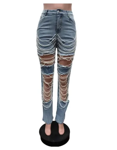 Replica Faux Pearl Chain Hollow Out Denim Jeans #802814 $70.83 USD for Wholesale