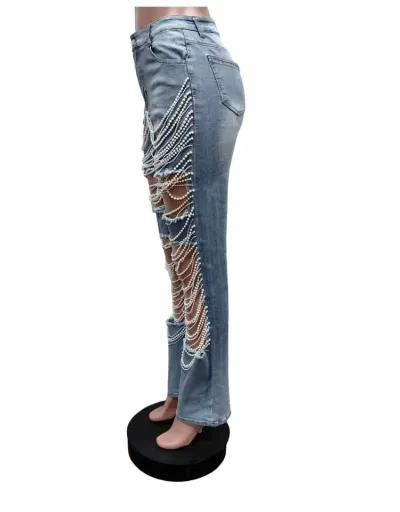 Replica Faux Pearl Chain Hollow Out Denim Jeans #802814 $70.83 USD for Wholesale