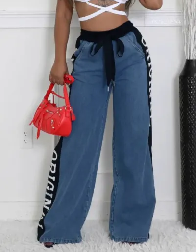 Letter Denim Patchwork Wide Leg Jeans #802817 $51.43 USD, Wholesale Fashion Jeans