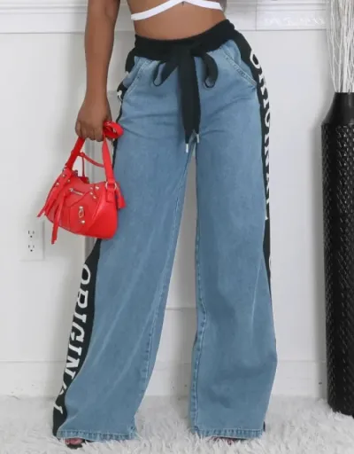 Replica Letter Denim Patchwork Wide Leg Jeans #802817 $51.43 USD for Wholesale