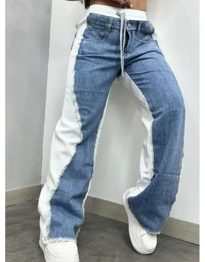 Replica Colorblock Denim Raged Hem Straight Jeans #802823 $85.09 USD for Wholesale