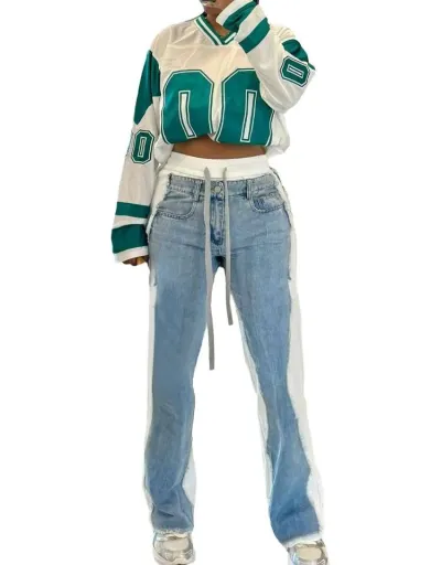 Replica Colorblock Denim Raged Hem Straight Jeans #802823 $85.09 USD for Wholesale