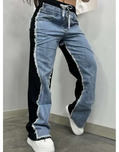 Replica Colorblock Denim Raged Hem Straight Jeans #802823 $85.09 USD for Wholesale