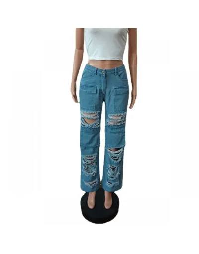 Replica Trendy Sky Blue Straight Leg Ripped Jeans #802824 $56.21 USD for Wholesale