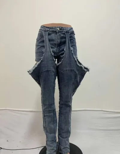 Replica Denim Hollow Out Fuzzy Trim Cargo Jeans #802829 $77.98 USD for Wholesale