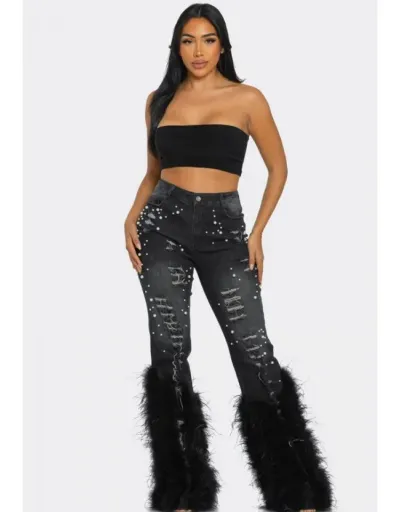 Wear Out Feather Faux Pearl Bodycon Plus Size Jeans #802831 $84.89 USD, Wholesale Fashion Jeans