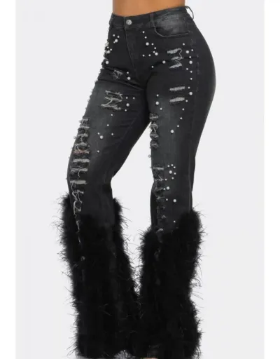 Replica Wear Out Feather Faux Pearl Bodycon Plus Size Jeans #802831 $84.89 USD for Wholesale